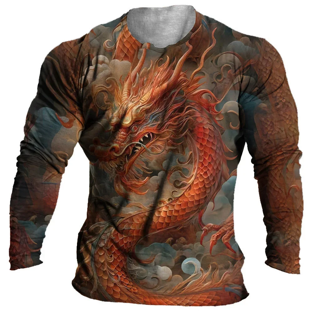 Year Of The Dragon Men's T-Shirt Long Sleeve T-shirt Autumn Round Neck Casual Tops Fashion Hip-hop Men's Street Clothing Tees