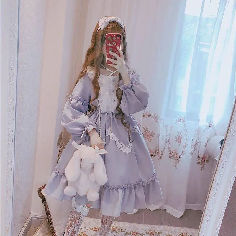 Japon Gotik Lolita Elbise Kadın Kawaii Saray Prenses Yay Dantel Tatlı Elbiseler Vintage Rönesans Peri Parti Elbise Cosplay