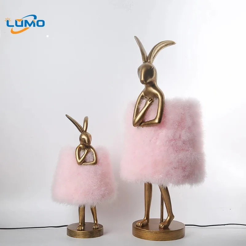 Nordic Design Resin Rabbit Table Lamps LED E27 Feather Lampshade Warm Desk Lights Bedside Living Room Restaurant Bedroom Study