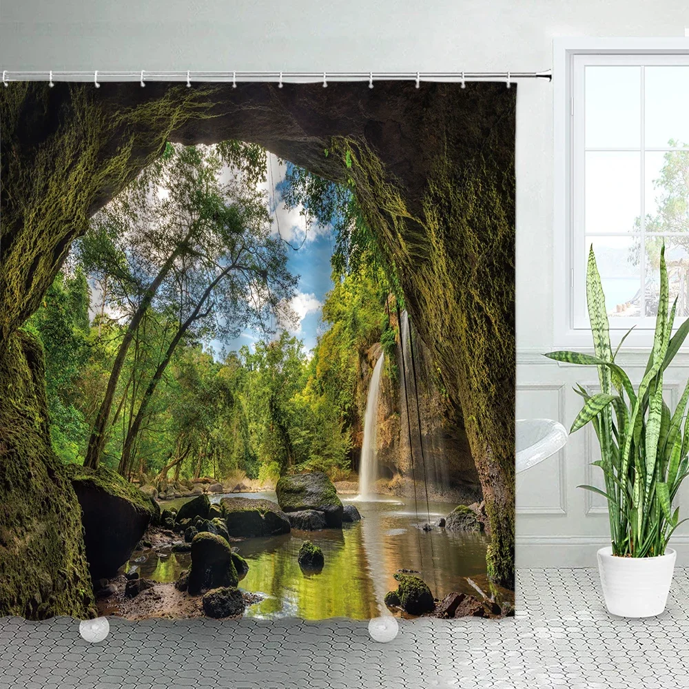 Waterfall Bathroom Curtains Spring Forest Park Shower Curtain Green Bamboo Nature Landscape Waterproof Fabric Home Bathtub Decor