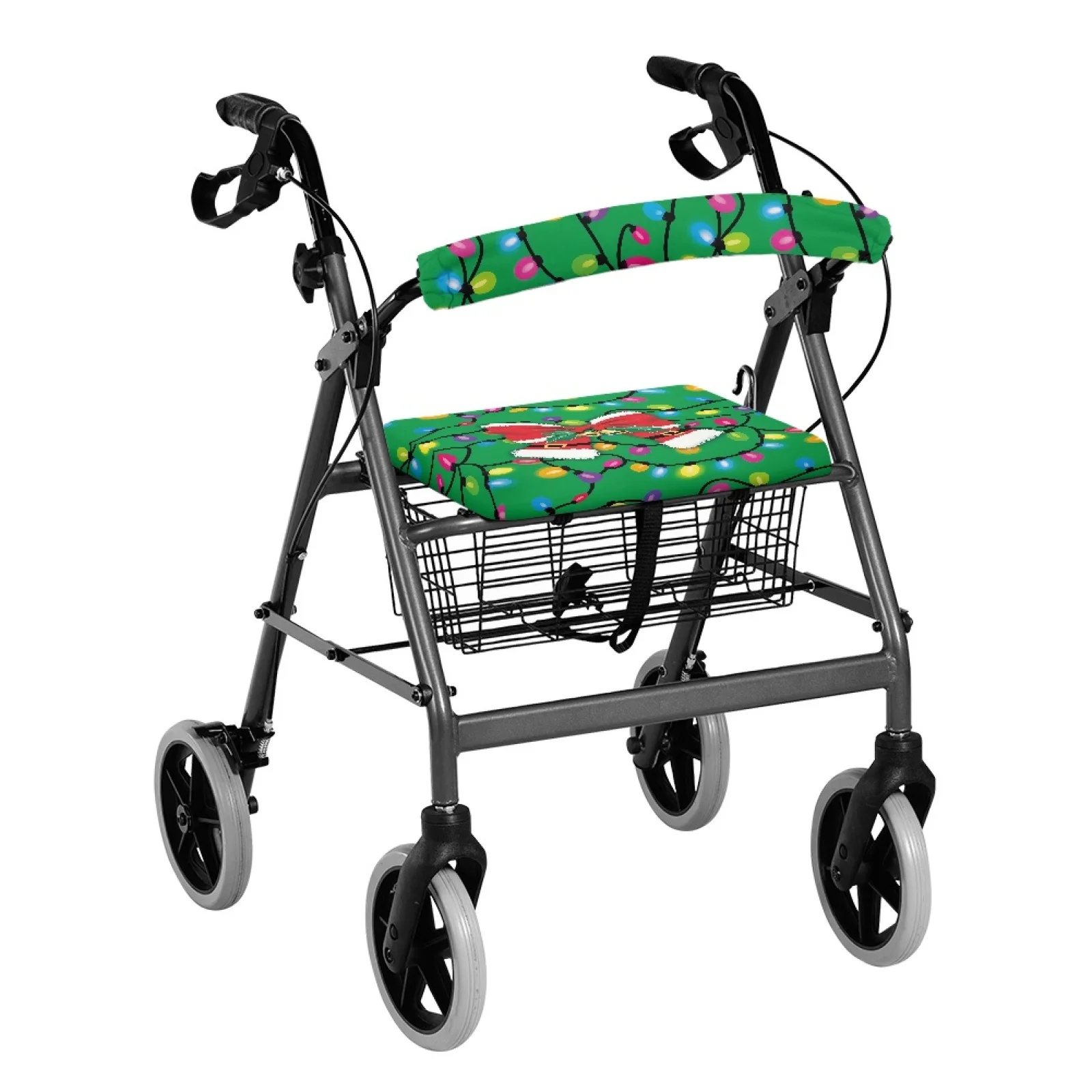 Coloranimal Christmas Lights Santa Bow 2PCS Rollator Walker Seat Cushion Cover Seat Backrest Cover Set for Elderly Street Scenes