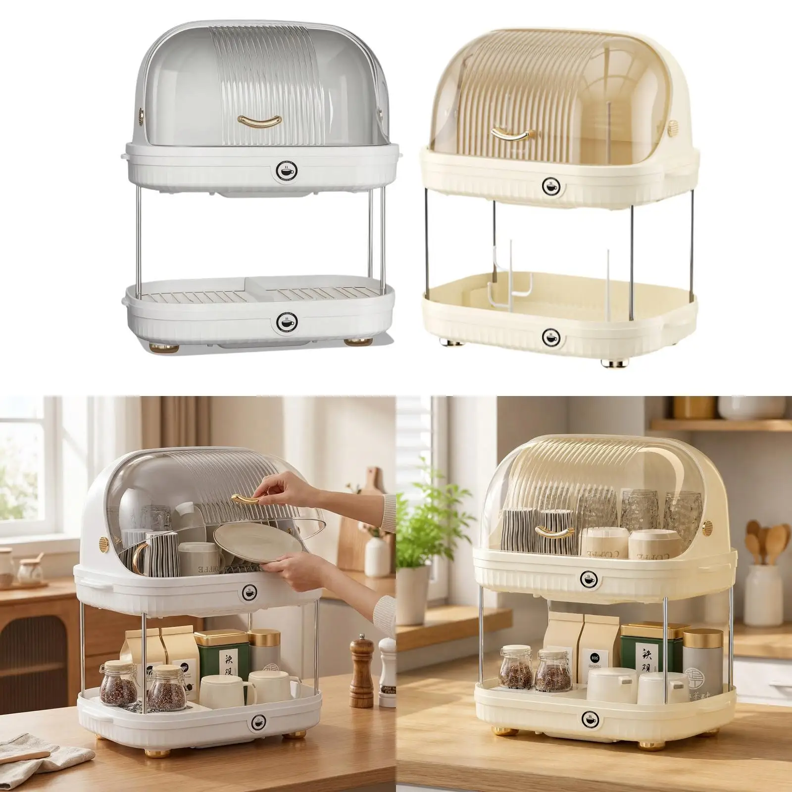Space Saving Dish Drying Rack PP Double Deck Drainer with Lid Cutlery Organizer for Kitchen Countertops