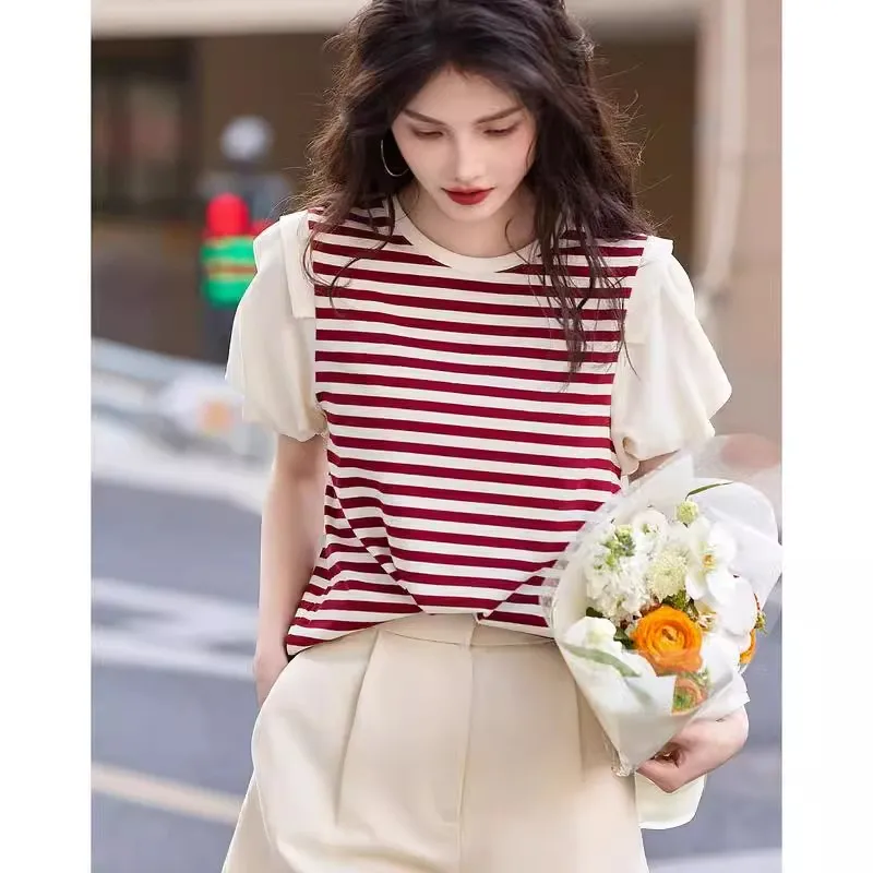 

Loose Lantern Sve round Ne ort Sve T-irt Women's September Striped Color Blo Summer New Sle High Waist orts