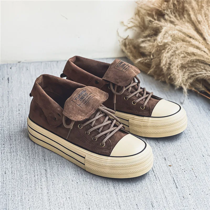 Vintage Suede High Top Canvas Sneakers Women Double Layer Platform Skate Shoes Casual Walking Shoes Daily Streetwear Footwear
