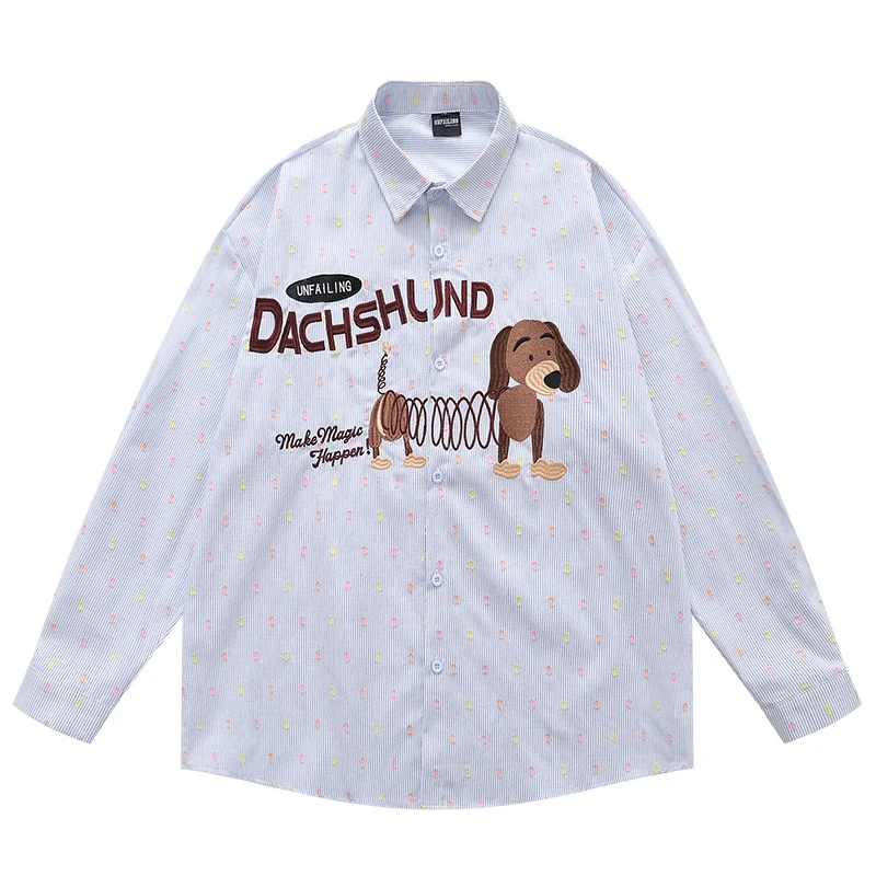 

Осенняя мужская рубашка с длинным рукавом, блузка с вышивкой собаки из мультфильма, повседневная свободная посадка, топы на пуговицах, милый узор, уличная одежда в винтажном стиле