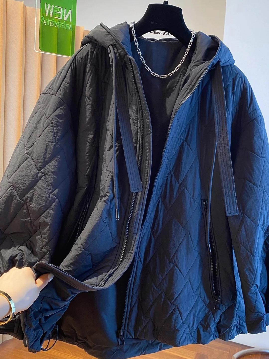 

Premium Feel Diamond Pattern Hooded Cotton Jaet Autumn Winter 2025 New Large Size Loose Casual Warm Open Cardigan Cotton Coat