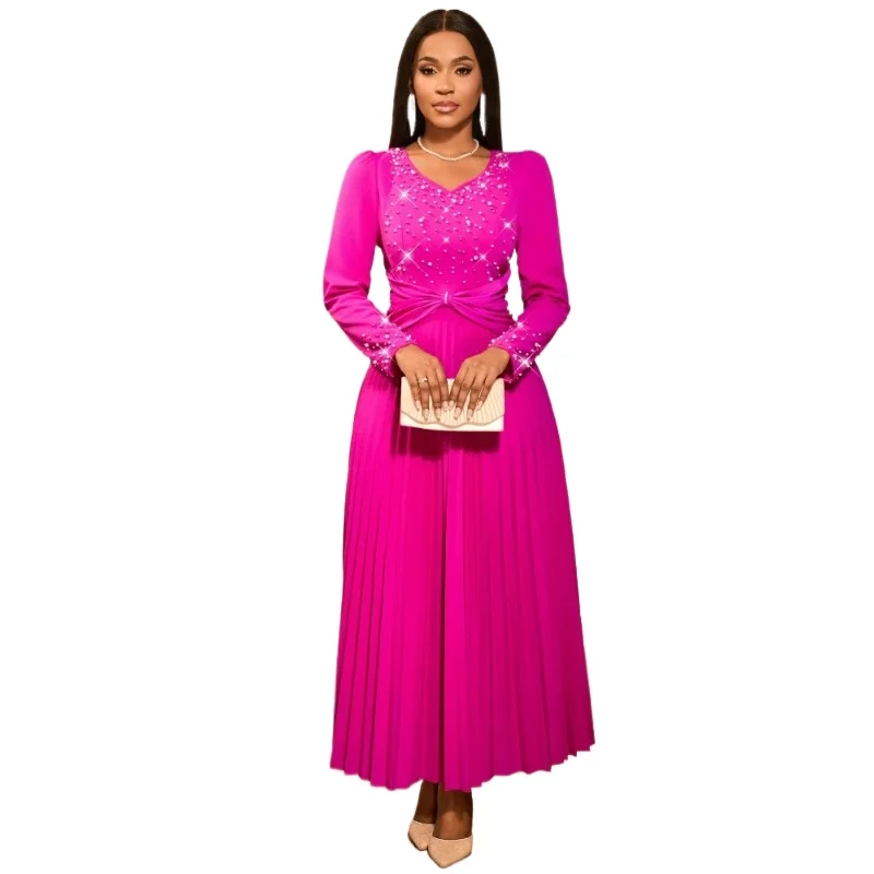 

Rose Red Pleated Dresses Beaded V Neck Long Sleeve High Waist A Line Evening Cocktail Party Ankle Length Fit and Flare Gowns