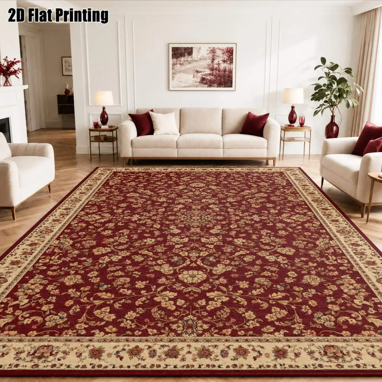 1Pc 2D Printed Retro Floral Red-Brown Carpet: European, Vintage, Geometric, Bohemian Style, Machine Washable, Multi-Size Home Decor for Living Room, Bedroom, Dining Room, Entrance, Study