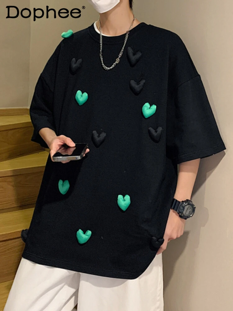 

Men's 2025 Summer New Niche Trendy Half-sleeve Tops Masculinity Round Neck Thin Handsome T-shirts Delicate Love Heart Loose Tees