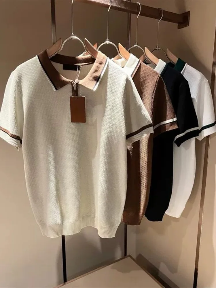 Ice Silk Knitted  Shirt Short Sleeve Men Summer Shoulder T-Shirt Casual Half Sleeve Match Leisure Regular Fit Youth Fashion