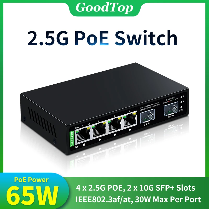 GoodTop 6 Port 2.5G POE Switch Unmanaged Plug and Play,IEEE802.3af/at, 65W Metal Fanless 2.5Gb PoE Switch for Wi-Fi 6/6e AP