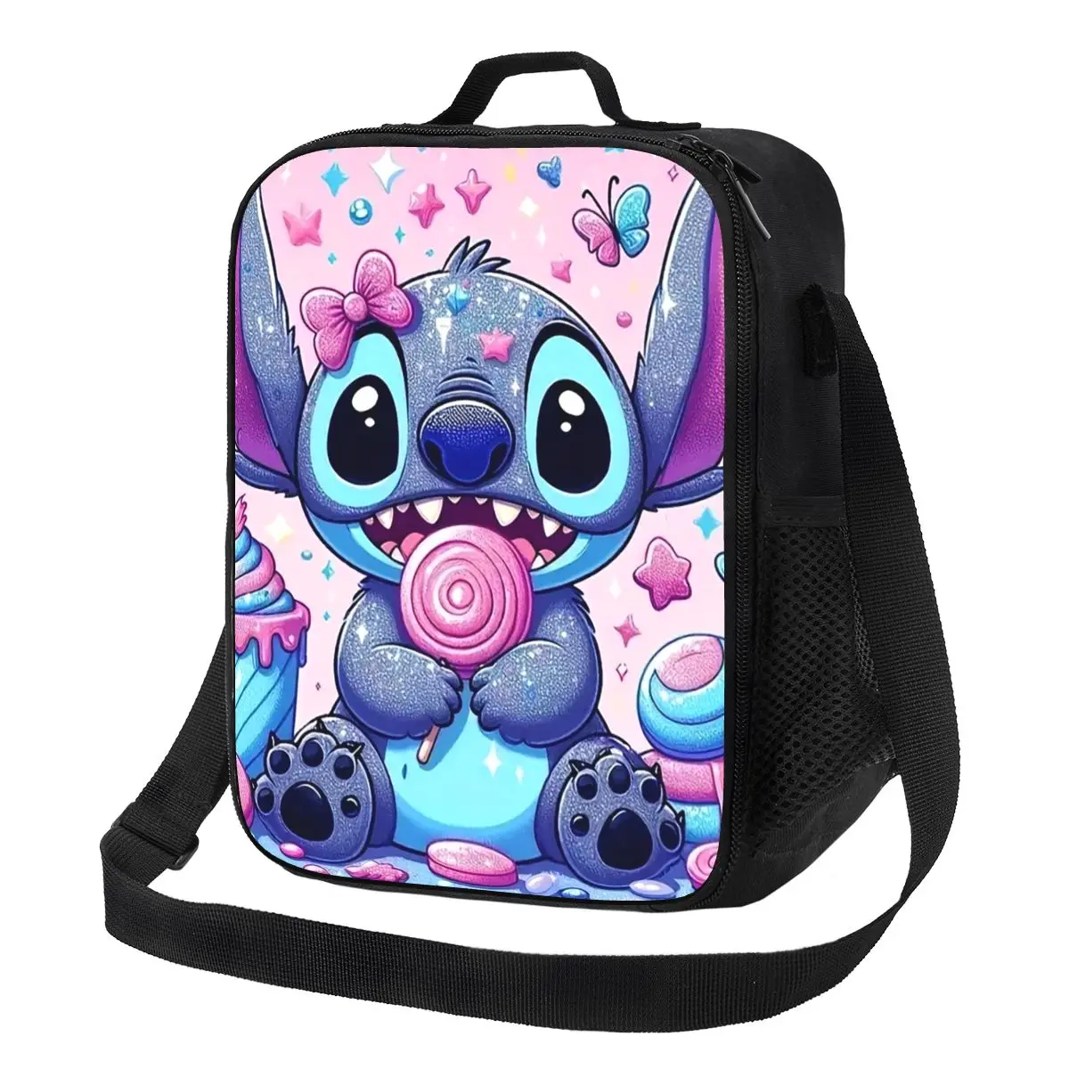 Custom Cartoon Pink Stitch Insulated Lunch Bags for Women Anime Cartoon Cooler Thermal Food Lunch Box Outdoor Camping Travel