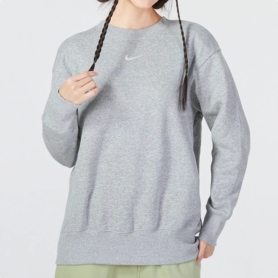 Original Nike Women\'s Gray Crewneck Sweatshirt Winter New Fleece-Lined Pullover DQ5734-063