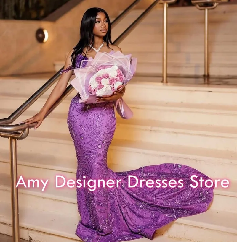 Purple Prom Dresses For Girls 2026 Charming Mermaid Off Shoulder Sequins Beads Party Dress Vestidos De Festa Customized