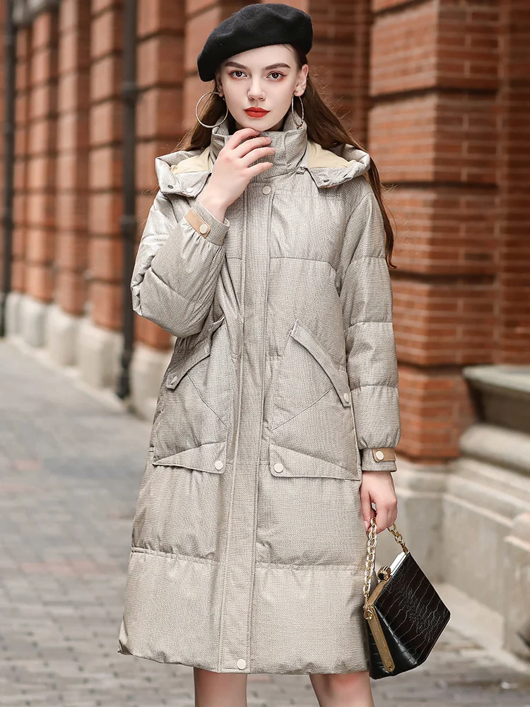 2022 Winter Patty High Quality Personalized Sheepskin Leather Hooded Coat Fashion Genuine Leather Down Coat Women's Mid length