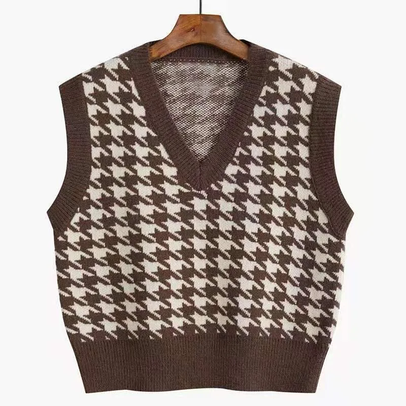 

Sweater 2023 Spring and Autumn Winter Vest Women Tank Top Loose V-neck Thousand Bird Checker Vintage Knit Sweater Vest Female