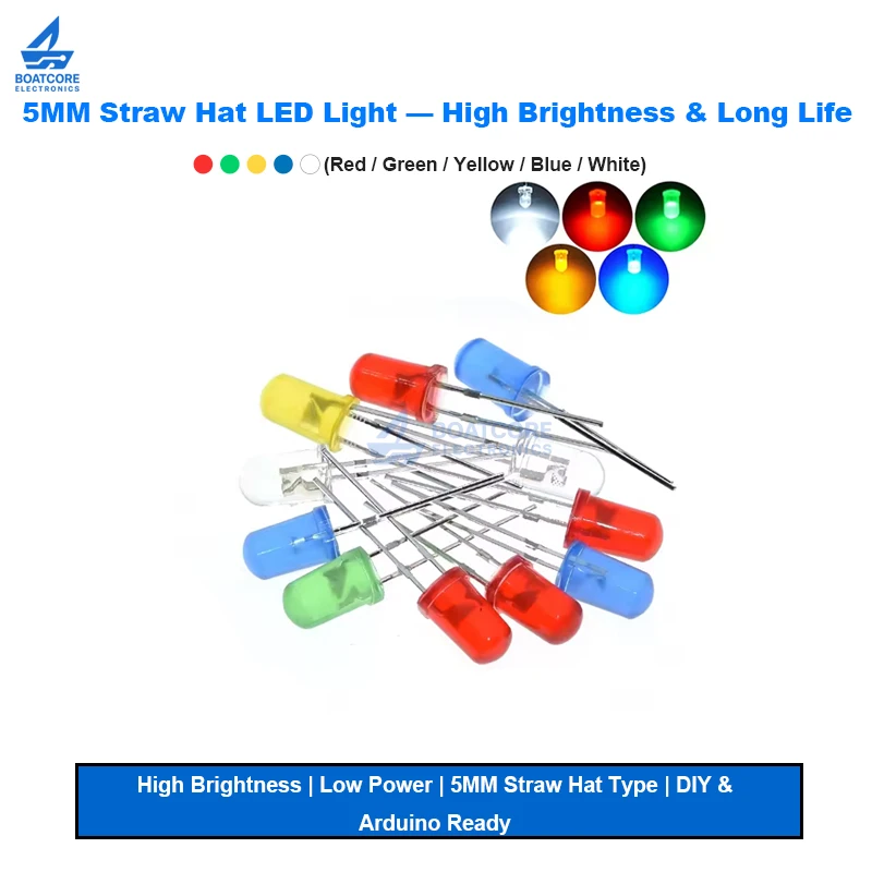10PCS 5MM Straw Hat LED Light High Brightness Red Green Yellow Blue White F5 DIP Emitting Diode Red Color for DIY Electronics