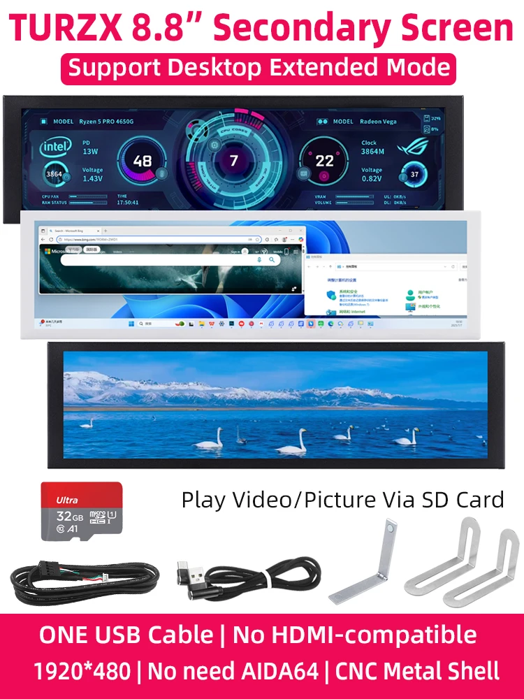 TURZX 8,8 inch Smart Display USB Secundair scherm Type-C Desktop Extended Play TF-kaart 1920*480 IPS LCD CPU RAM GPU FPS Monitor - afbeelding 2
