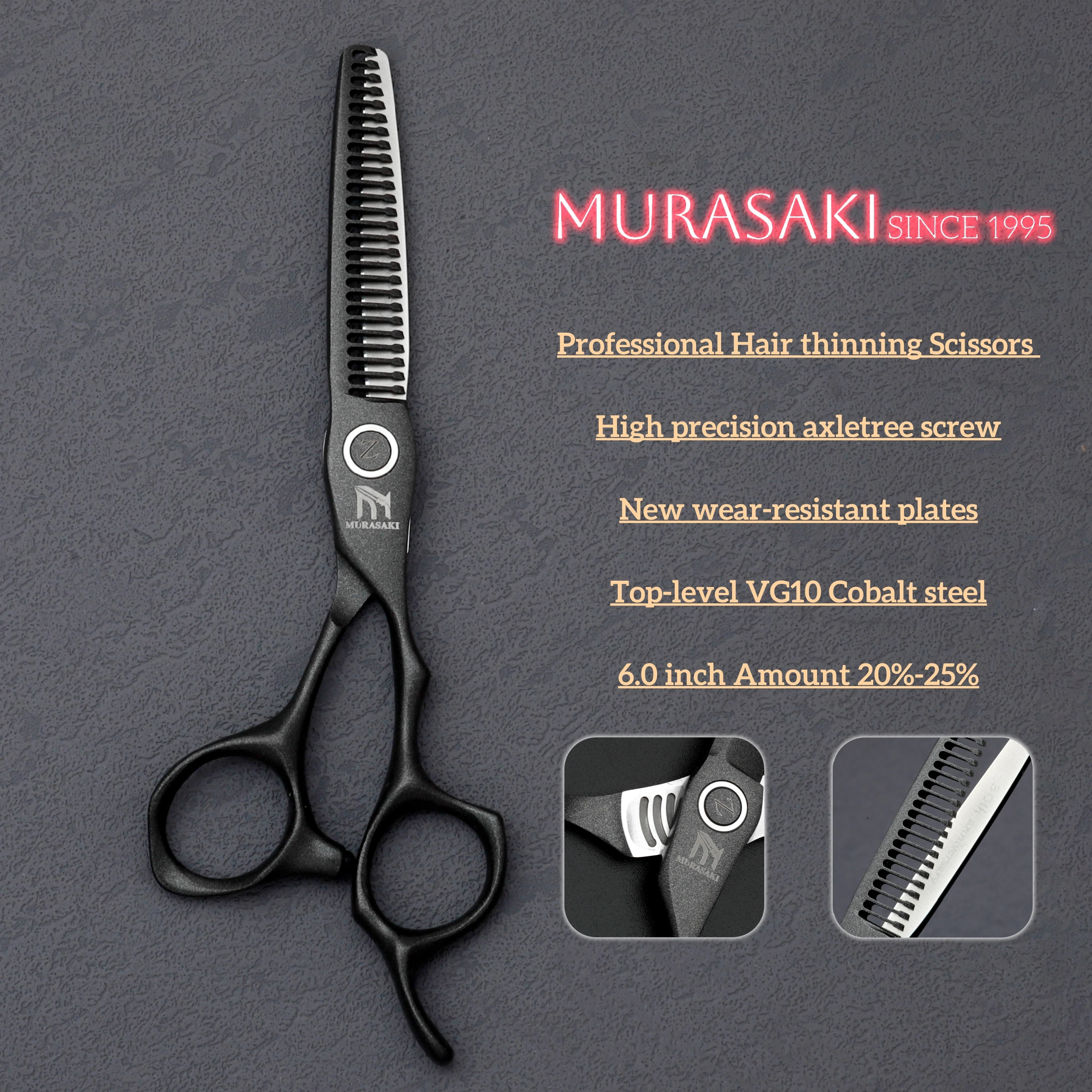 

MURASAKI 6.0 inch hair thinning scissors，High-end VG10 Cobalt steel hairdressing scissors，Increase durability and cutting feel