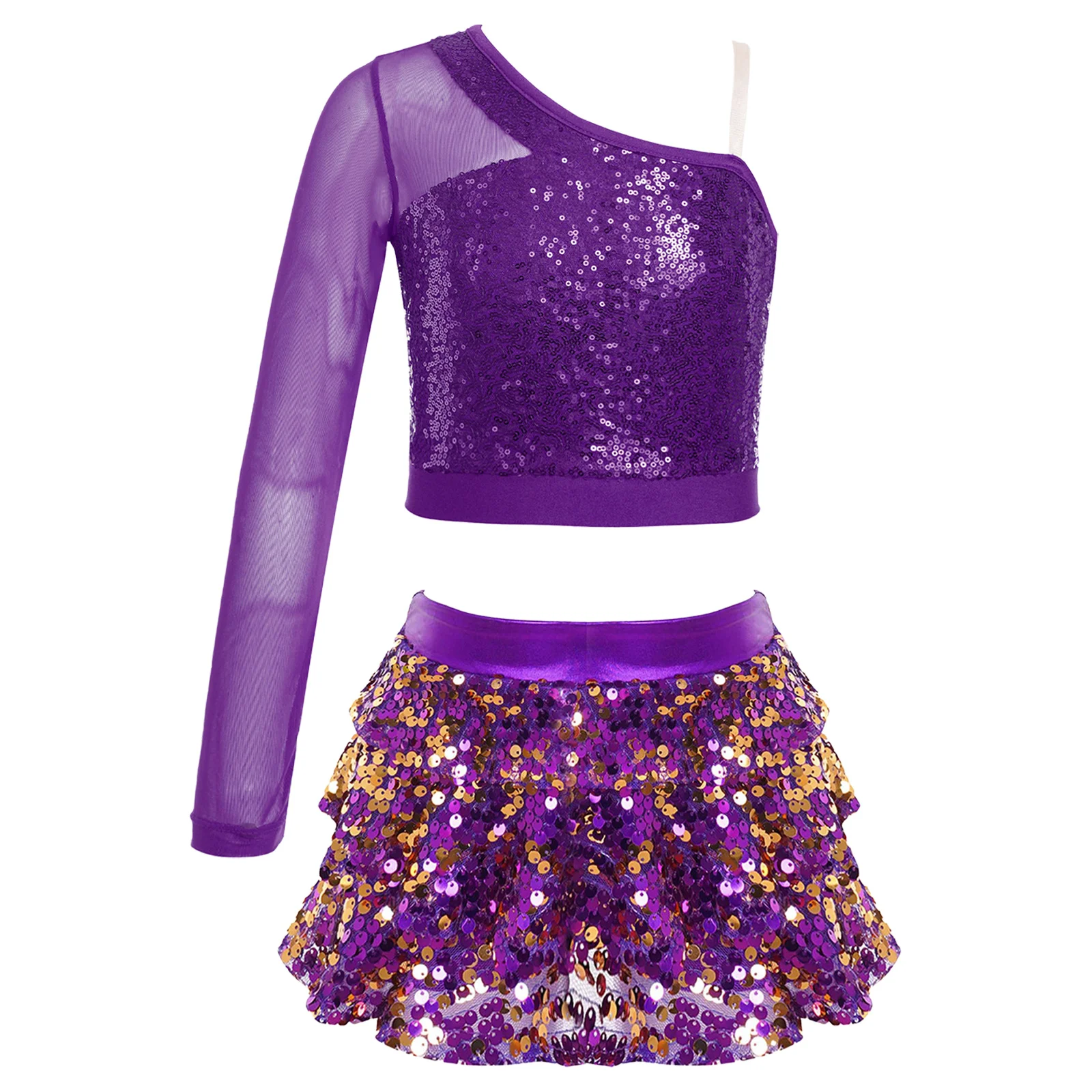 

Children Hip Hop Clothes Sets Kids Girls Sparkling Dots Long Sleeve Crop Top Skirt Suit for Jazz Dance Performance Party Dressy
