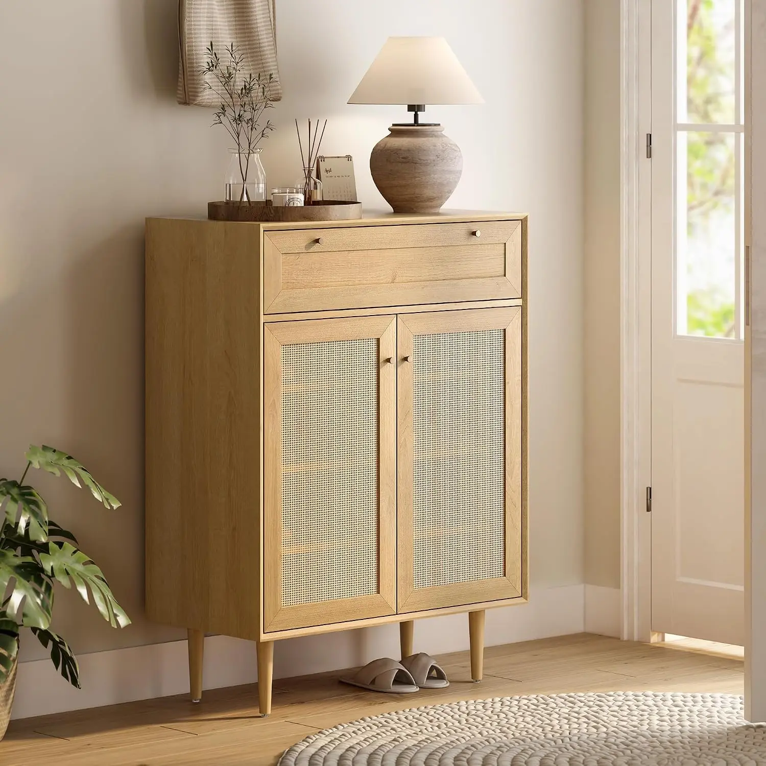 Rattan Shoe Cabinet with 2 Doors & Adjustable Shelves, Tall Organizer Fits 13