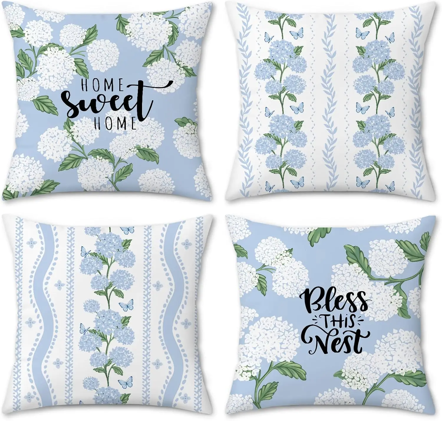 Double Sided Hydrangea Floral Pillow Covers Set Of 4, White Blue Flowers Butterfly Spring Summer For Sofa Couch Home Decor