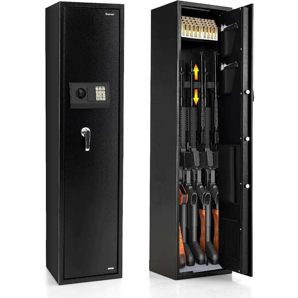 Rifle Gun Safe, Large Long Gun Safe w/Separate Pistol Lock Box, 5-Gun Safe Box w/Digital Keypad & Emergency Keys