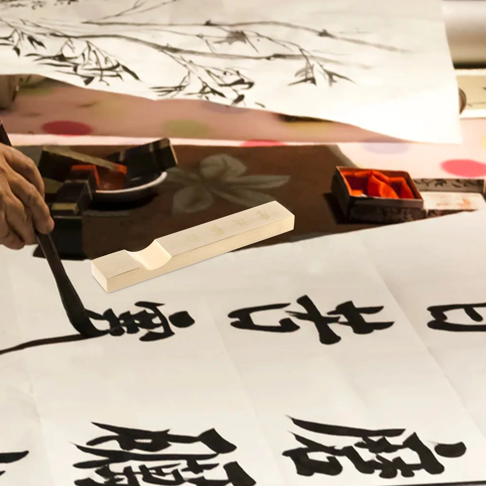 

1pcs Brass Paperweight Chinese Calligraphy Rectangular Vintage Desk Decor For Practice Writing Painting Office Home Use