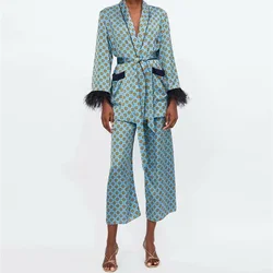 Women's Suits Sunc Spring LOOSE Blue Printed Kimono Jacket with Feather Sleeves Wide Leg Pants Two-piece Viintage Clothing Suits