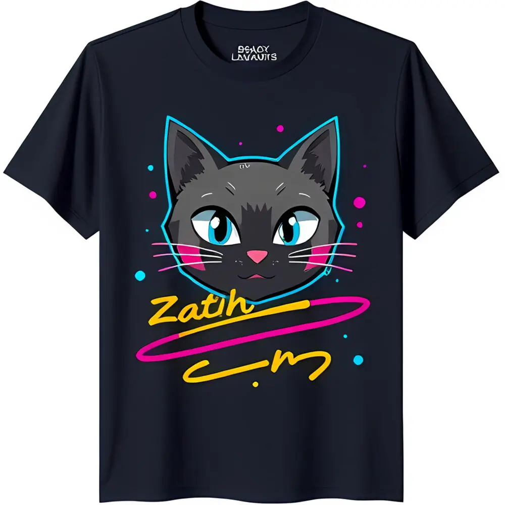 

Stylish Blue Cat Head T-Shirt with Accents and Fun Text