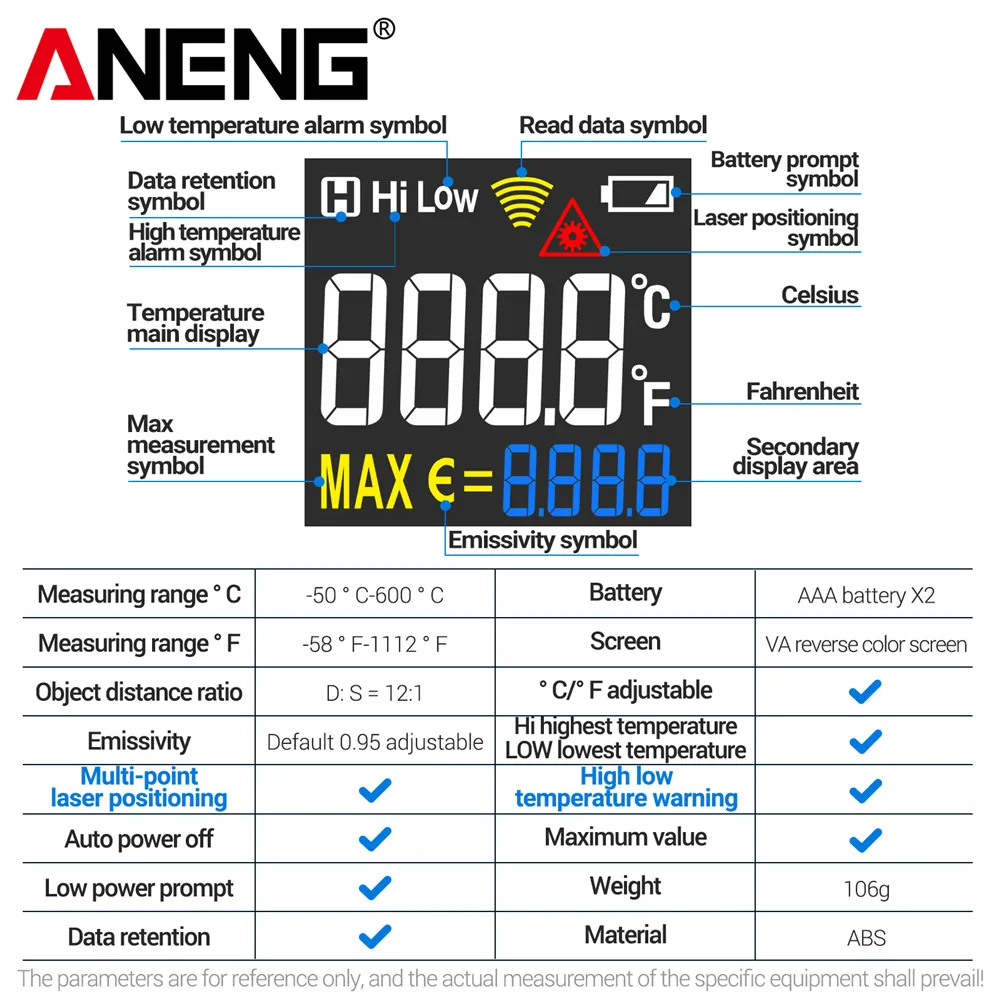 ANENG Smart Temperature Gun TH203 Industrial Infrared Thermometer Tester Meter -50 ~ 600 ℃ Pyrometer Tools