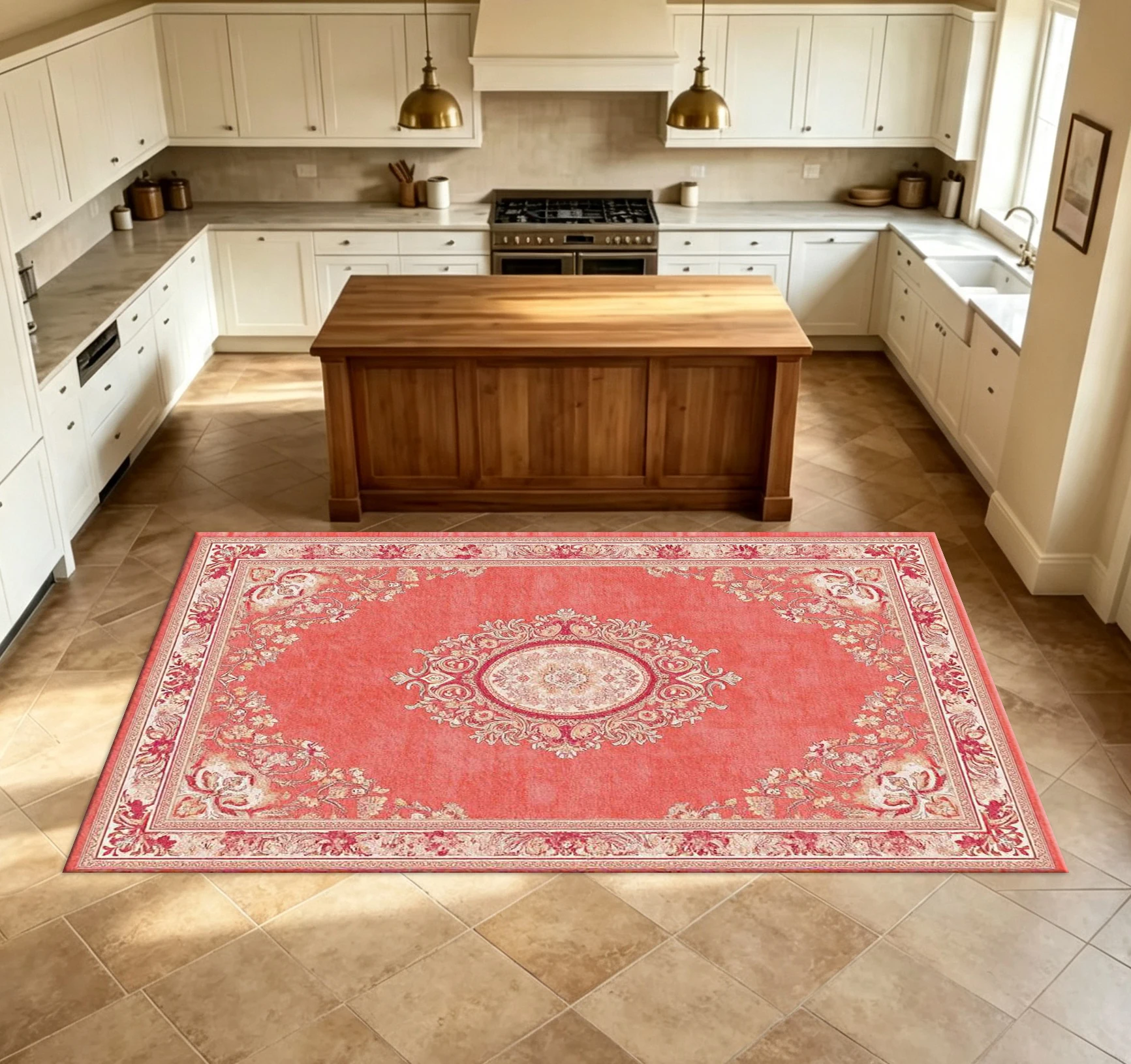Coral Red Vintage European-Style Medal Carpet, Luxurious Floral Border Carpet, Suitable for Indoor Home Living Room Decoration