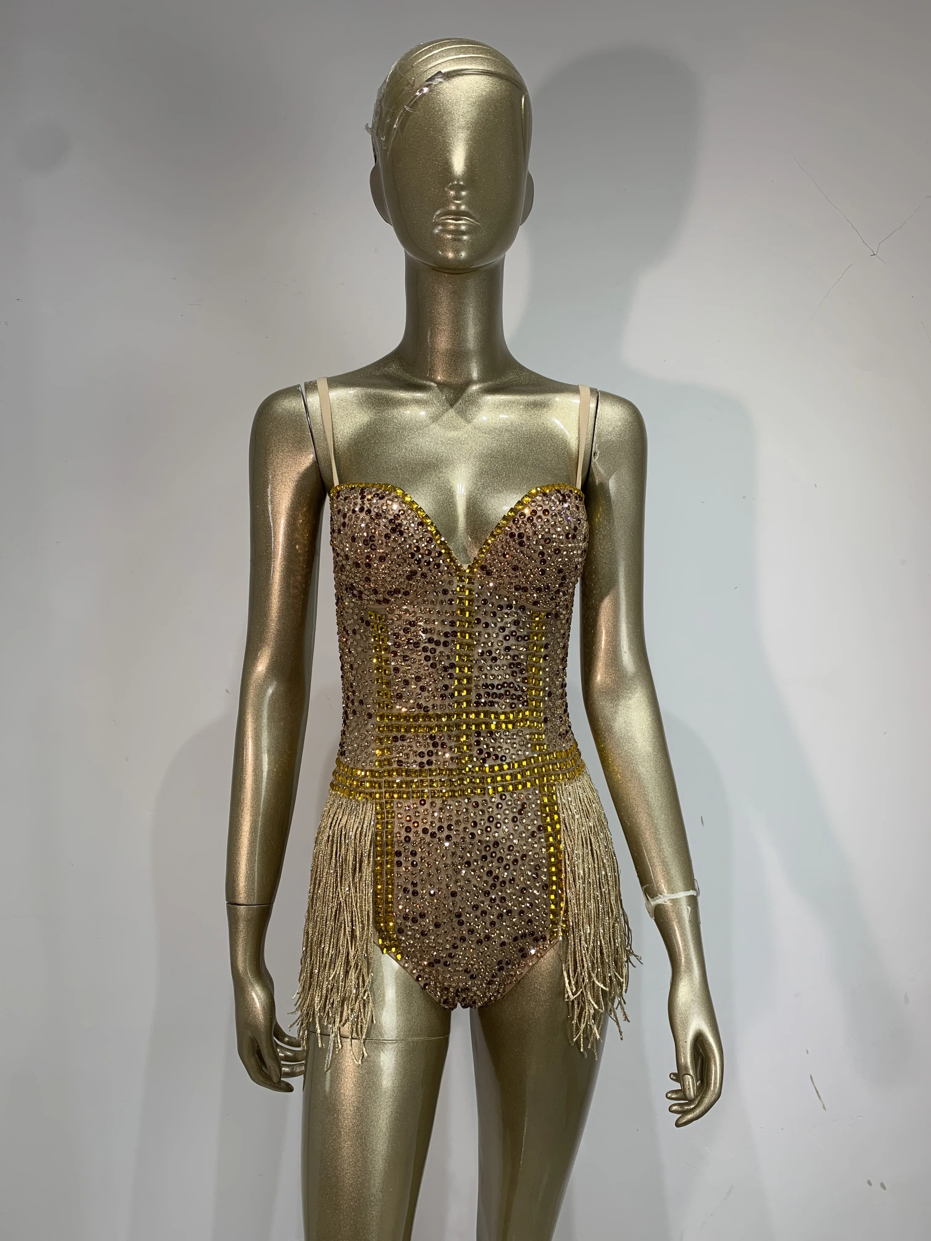 Sparkly Rhinestones Tassel Bodysuit for Women Sexy V Neck Performance Dance Singer Dancer Stage Costume Evening Party Outfit