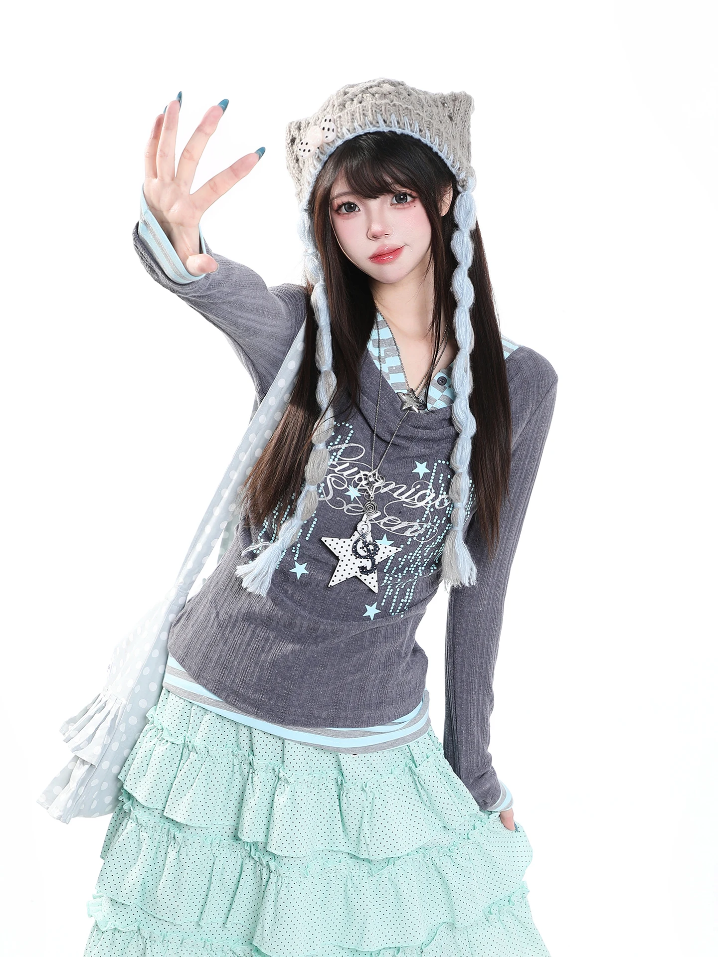 Sweet Cartoon Print Long Sleeve T-Shirt Women's Autumn Color Block Beautiful Overhead Top Breathable Comfortable Casual Fashion