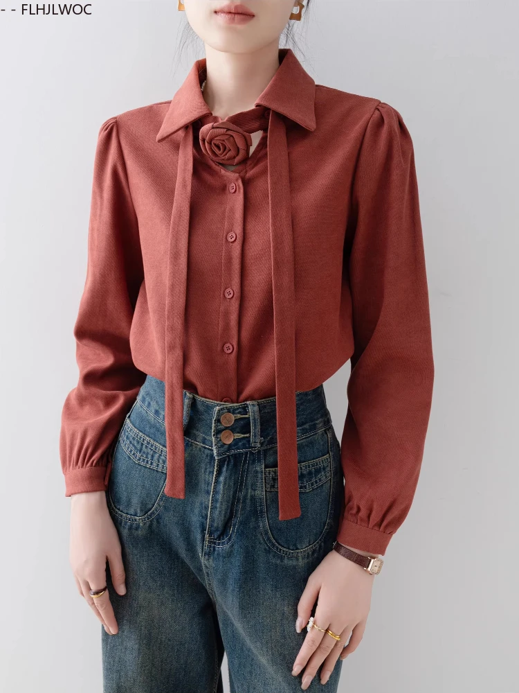 Corduroy Shirts Fashion Women Christmas New Year Korean-Style Vintage Hong Kong Girls Casual Simple Button Rose Bow Tie Tops