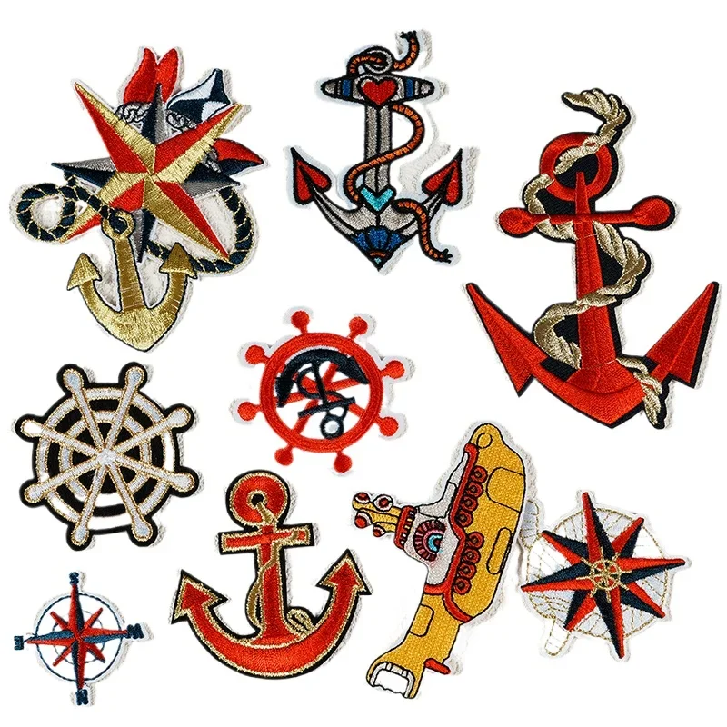 Navy style clothing and hat DIY decorative embroidery patch fashionable ship anchor logo Iron On badge compass patch