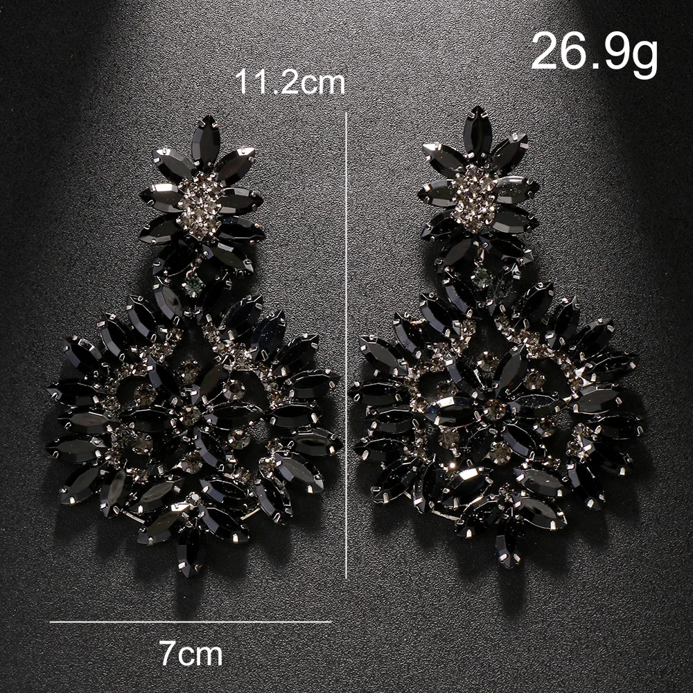Black Exaggerated Flower Earrings Hollow Banquet Ear Accessories Elegant Women Large Rhinestone Hanging Earrings Christmas Gift