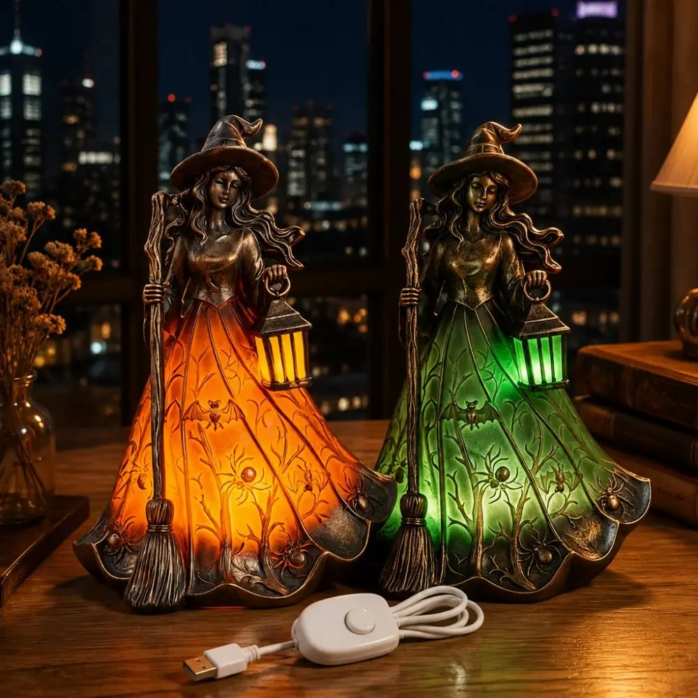 18cm Halloween Witch Lamp Standing Design Scary Holiday Decorative Lamp Funny Creativity Broomstick Witch Statues