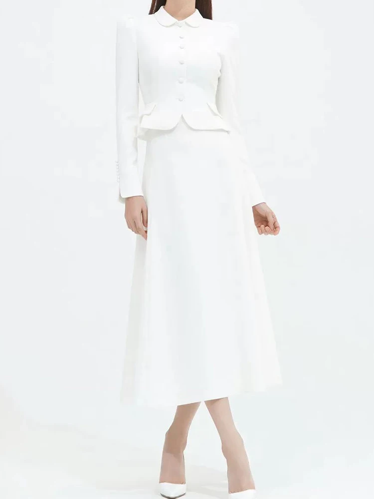 レトロな無地襟付きスリム長袖コートジャケット秋の新作ファッションツーピースハイウエストAラインスカートレディーススーツ