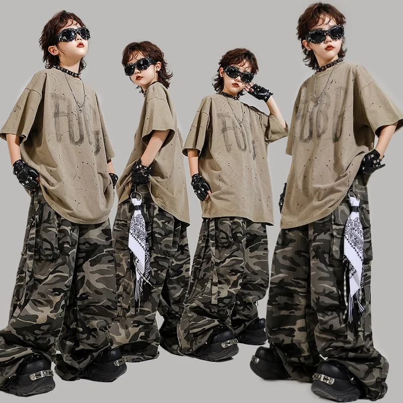 

Kid Kpop Hip Hop Clothing Khaki Print T Shirt Camo Casual Strap Parachute Cargo Pants for Girl Boy Jazz Dance Costumes Clothes
