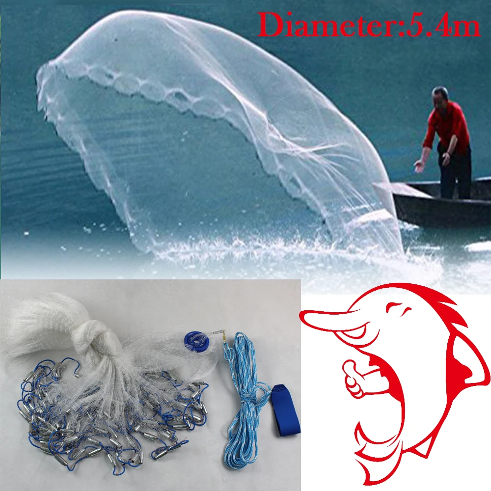 Hand Cast Fishing Net, 18ft Hand Cast Fishing Net Bait Dense Mesh Netting Hollow Sinker Durable 5.4M Full Spread Mesh