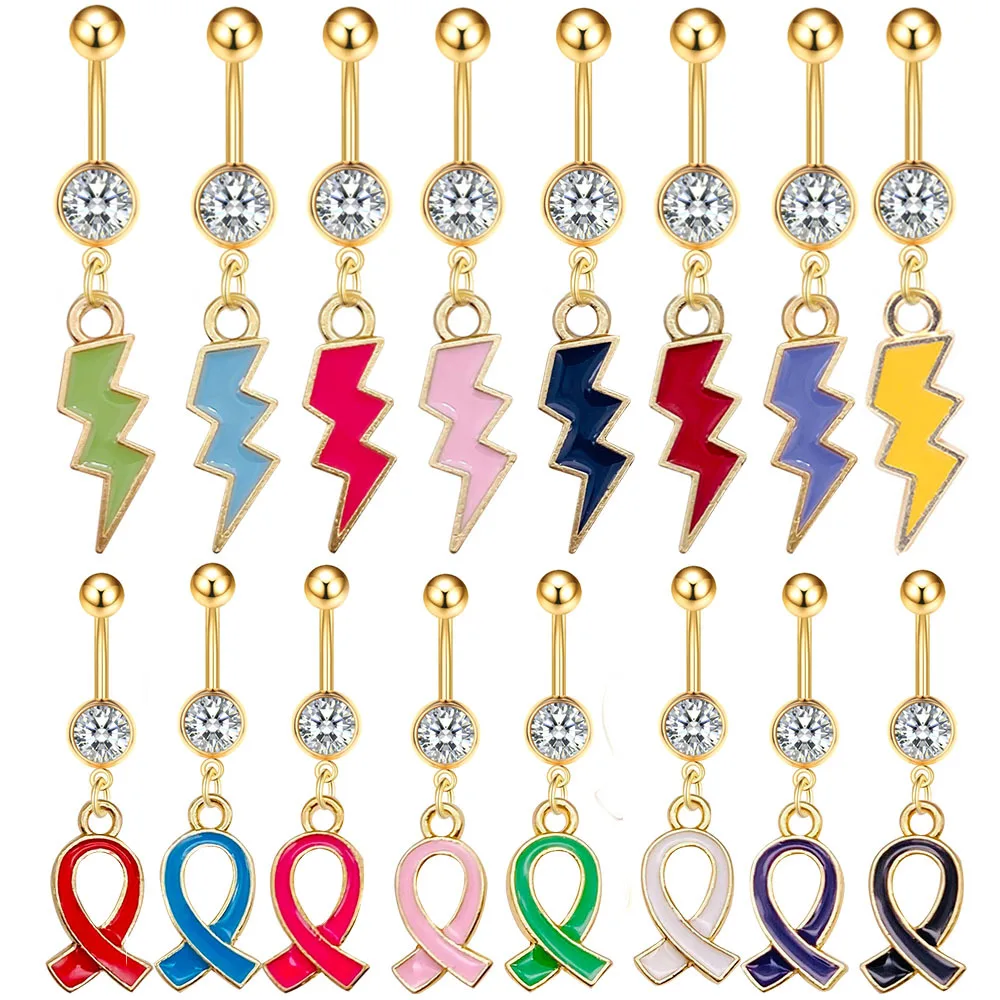 1PC Stainless Steel Belly Button Nail Colorful Lightning Cross Ribbon Bow Pendant Belly Button Ring Body Piercing Jewelry