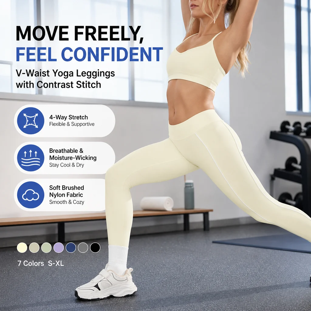Women's V-Waist Yoga Leggings Contrast Stitching Booty Sculpting Tights Nude-Feel Brushed Nylon 4-Way Stretch Gym Pants S-XL