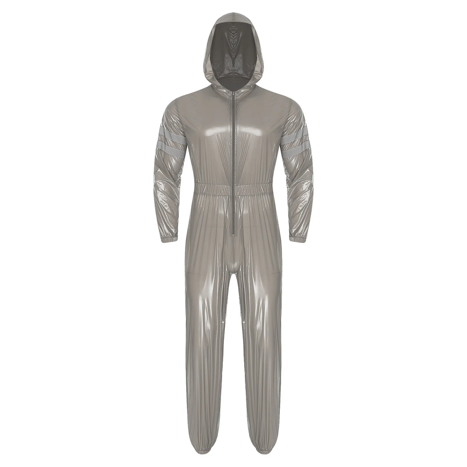 Men Hooded Jumpsuit Water Resistant Zipper Coveralls High Visibility Reflective Strips Working Rompers for Factory Car Repairing