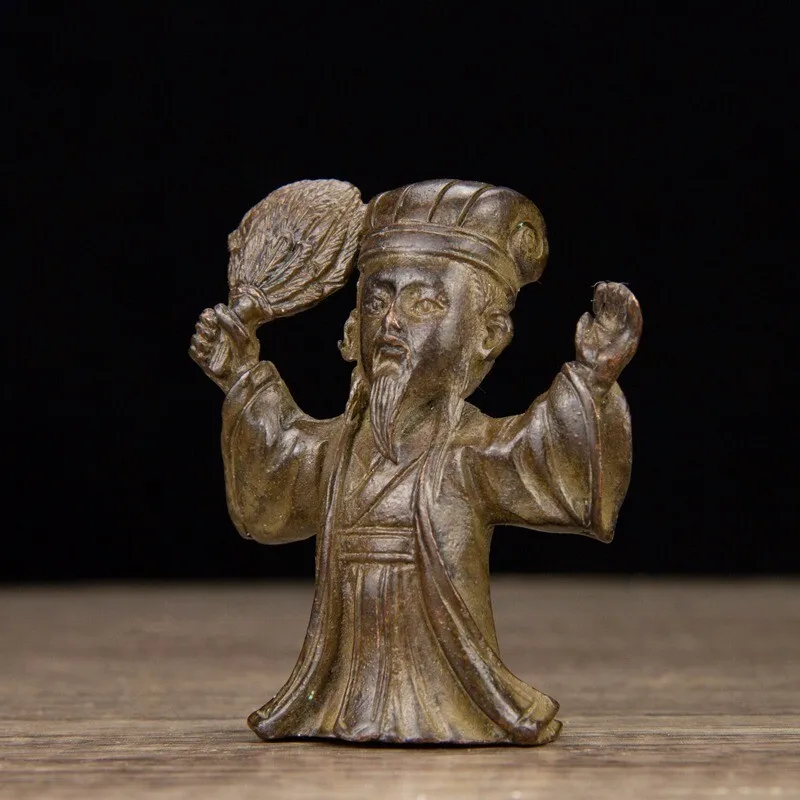 7 cm Chinese Bronze man Statue Old Brass Zhuge Liang Statue exquisite handicraft