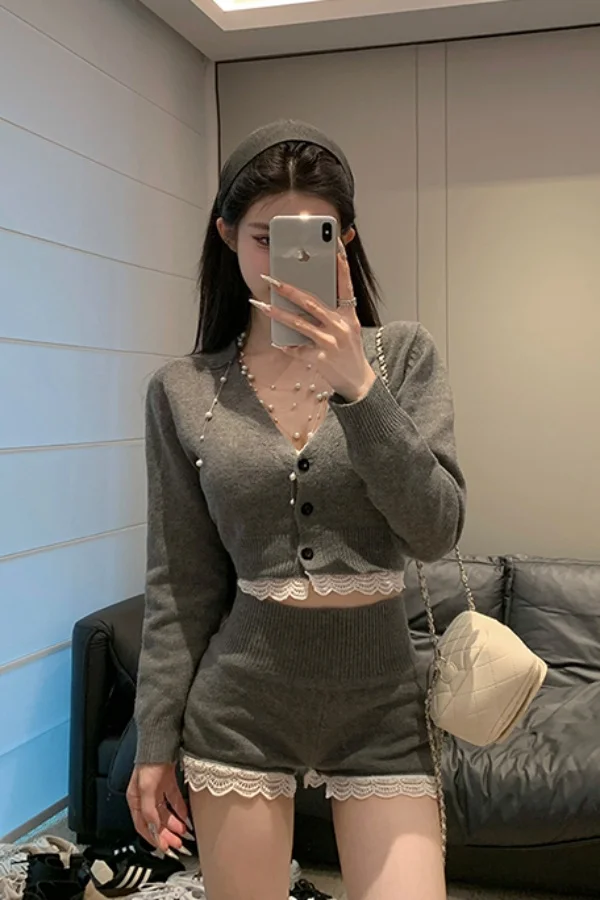 

Autumn Korean Style Gray Lace Knit Cardigan and Shorts Set for Women Y2K Pure Desire Hot Girl Aesthetic Two Piece Sweater Outfit