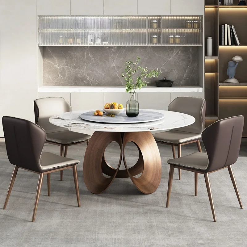 Rock slab dining table round household small apartment creative round table bronze dining table