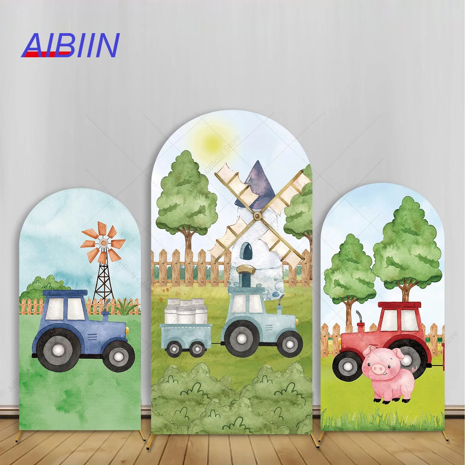 

Farm Arch Backdrop Cover Windmill Tractor Pig Boy Birthday Baby Shower Party Decoration Cake Table Portrait Photozone Background