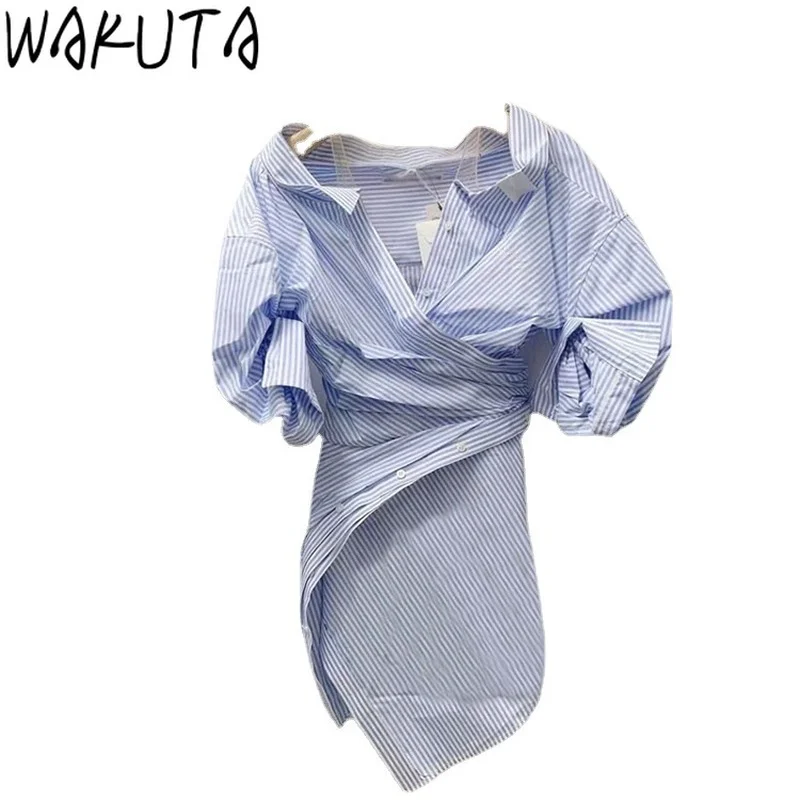 WAKUTA Korean 2024 Irregular Shirt Dress Women Summer Off Shoulder Slim Waist Elegant Mini Dresses Offical Simple Casual Clothes