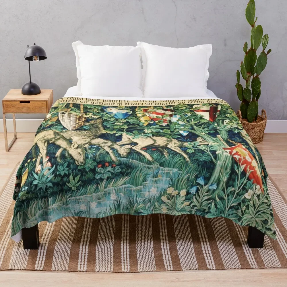 Holy Grail Tapestry,Verdure with Deers,and Shields in Green Floral Throw Blanket Plaid Sofa Decorative Sofas Blankets